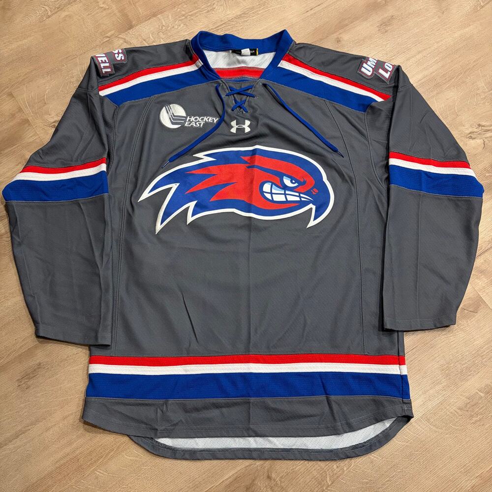 Under Armour UMass Lowell River Hawks Hockey Jersey Men's Small S Gray Blue Red